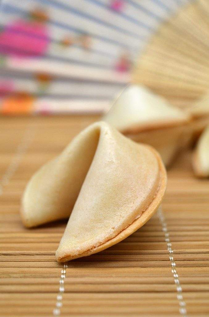 A fortune cookies sits on a mat.